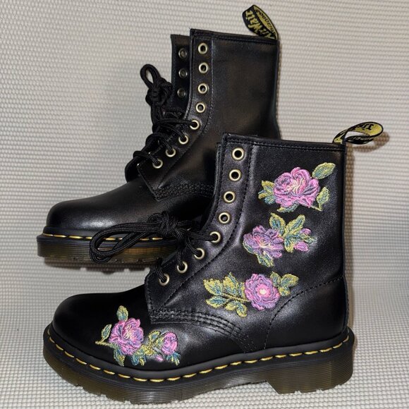 Dr. Martens Shoes - Dr. Martens 1460 Vonda II Floral Embroidered Black Leather Combat Boots Women 6